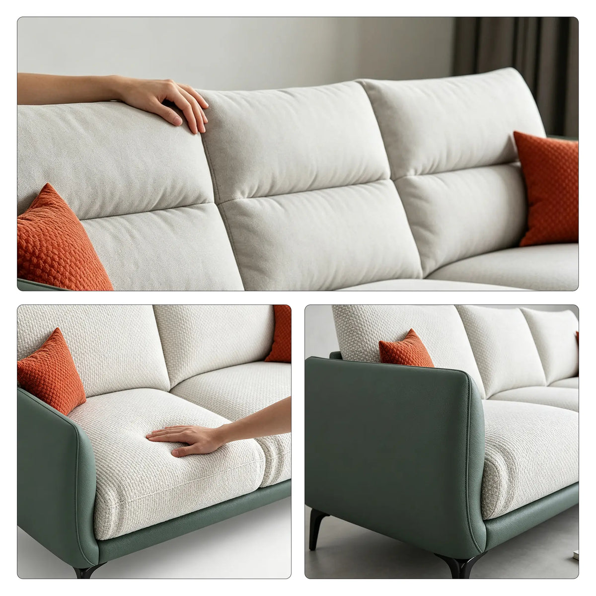 LIVARA Modern Sofa Mixed Cotton Linen Upholstery Waterproof Cat Scratch Resistant Leather High Resilience Cushions for Living Room - White & Green