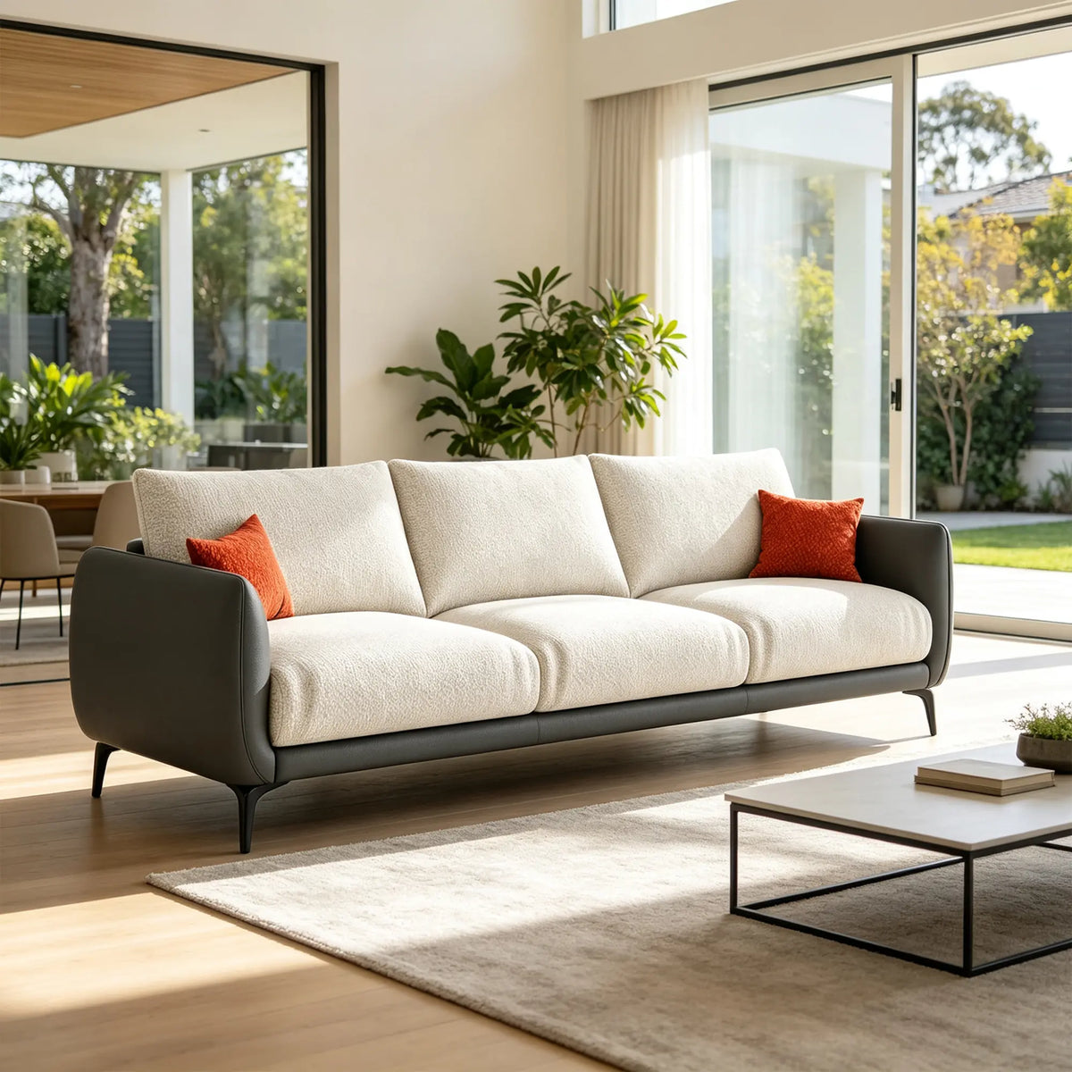 LIVARA Modern Sofa Mixed Cotton Linen Upholstery Waterproof Cat Scratch Resistant Leather High Resilience Cushions for Living Room - White & Grey