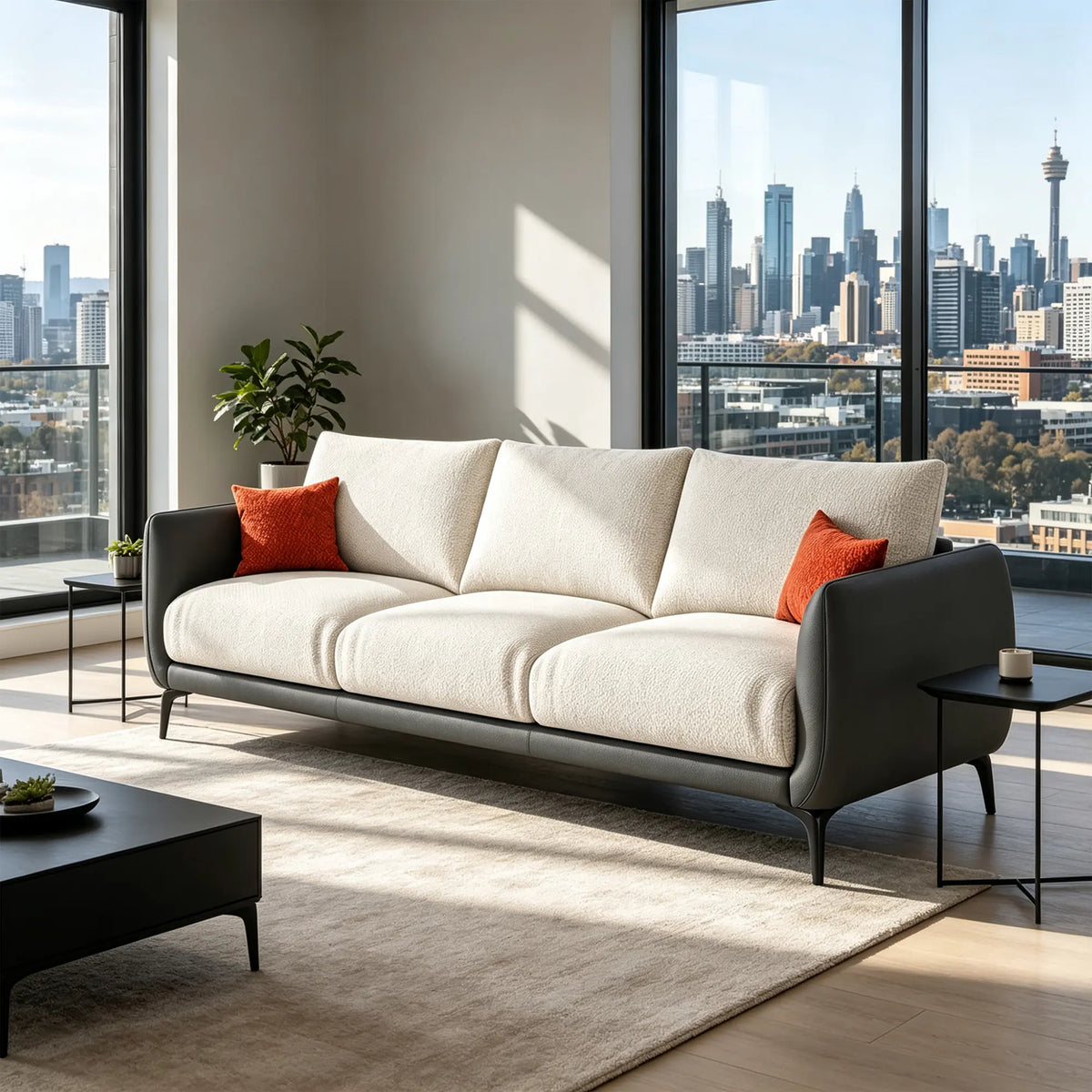 LIVARA Modern Sofa Mixed Cotton Linen Upholstery Waterproof Cat Scratch Resistant Leather High Resilience Cushions for Living Room - White & Grey