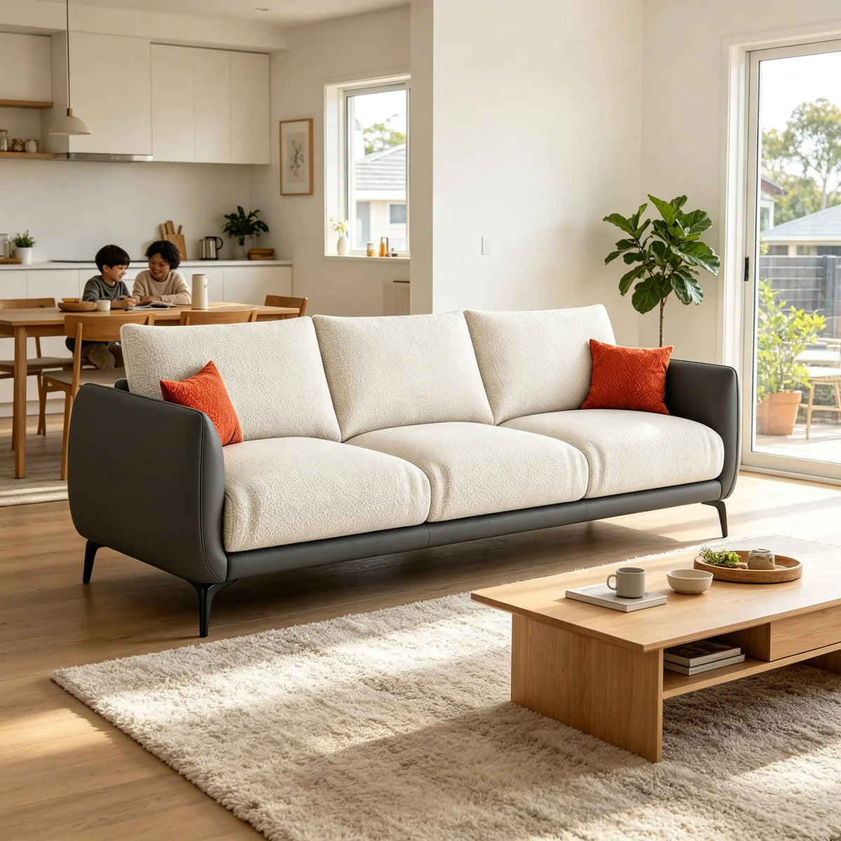 LIVARA Modern Sofa Mixed Cotton Linen Upholstery Waterproof Cat Scratch Resistant Leather High Resilience Cushions for Living Room - White & Grey
