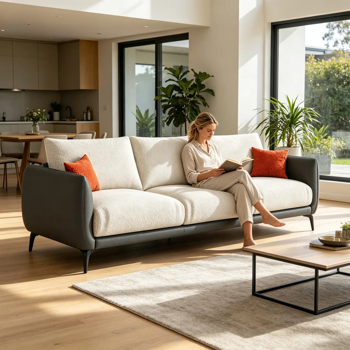 LIVARA Modern Sofa Mixed Cotton Linen Upholstery Waterproof Cat Scratch Resistant Leather High Resilience Cushions for Living Room - White & Grey