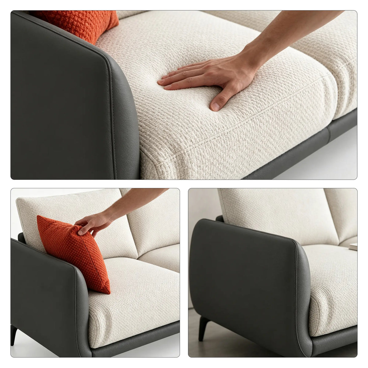 LIVARA Modern Sofa Mixed Cotton Linen Upholstery Waterproof Cat Scratch Resistant Leather High Resilience Cushions for Living Room - White & Grey