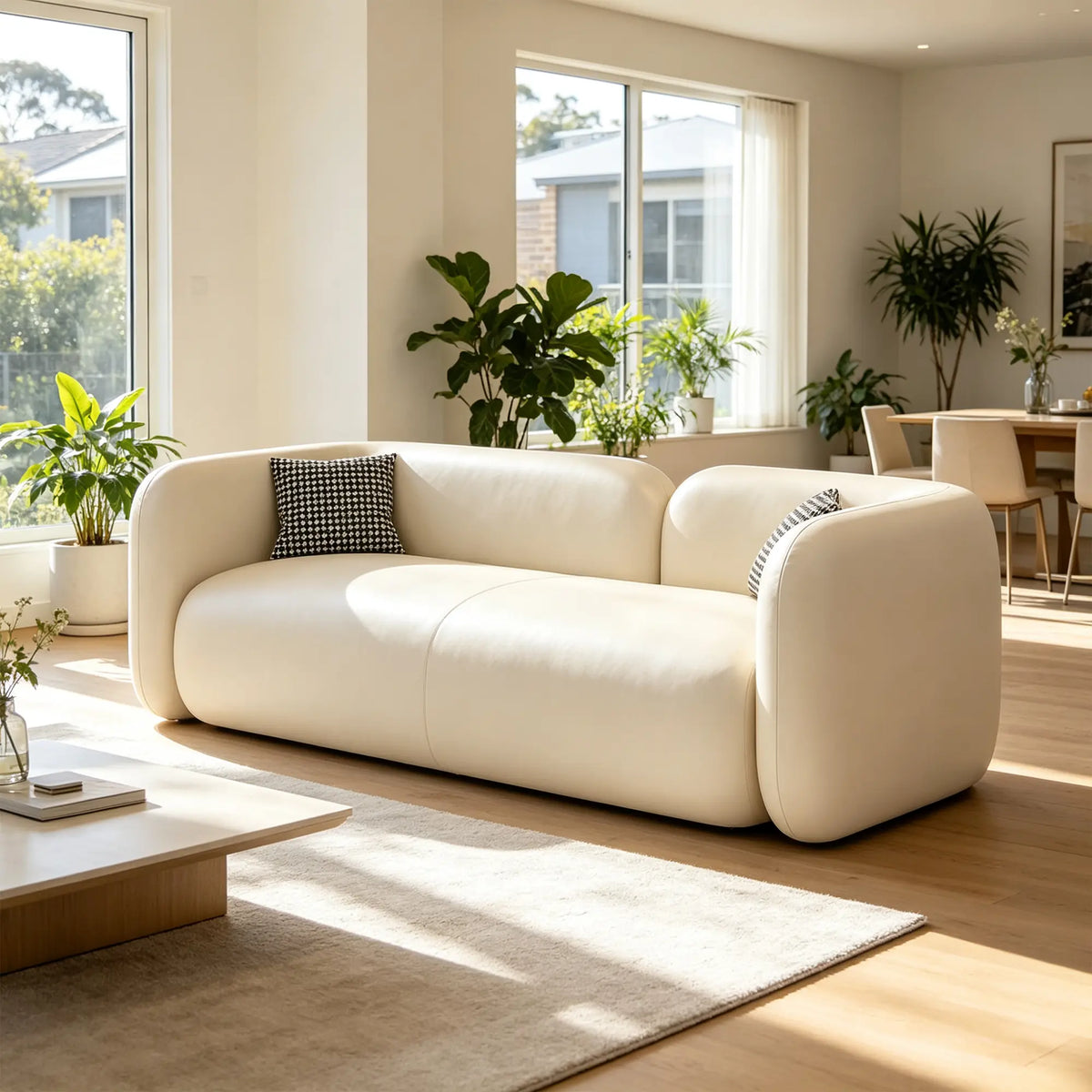 LIVARA Modern Sofa Rounded Design Cat Scratch Resistant Leather High Resilience Cushions for Living Room Apartment Lounge - White