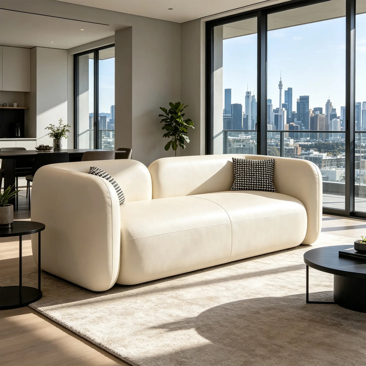 LIVARA Modern Sofa Rounded Design Cat Scratch Resistant Leather High Resilience Cushions for Living Room Apartment Lounge - White