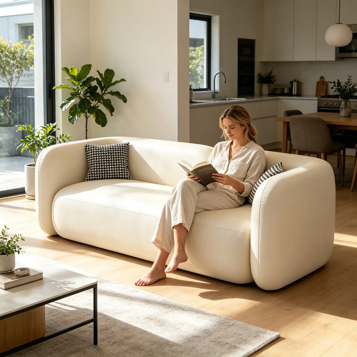 LIVARA Modern Sofa Rounded Design Cat Scratch Resistant Leather High Resilience Cushions for Living Room Apartment Lounge - White