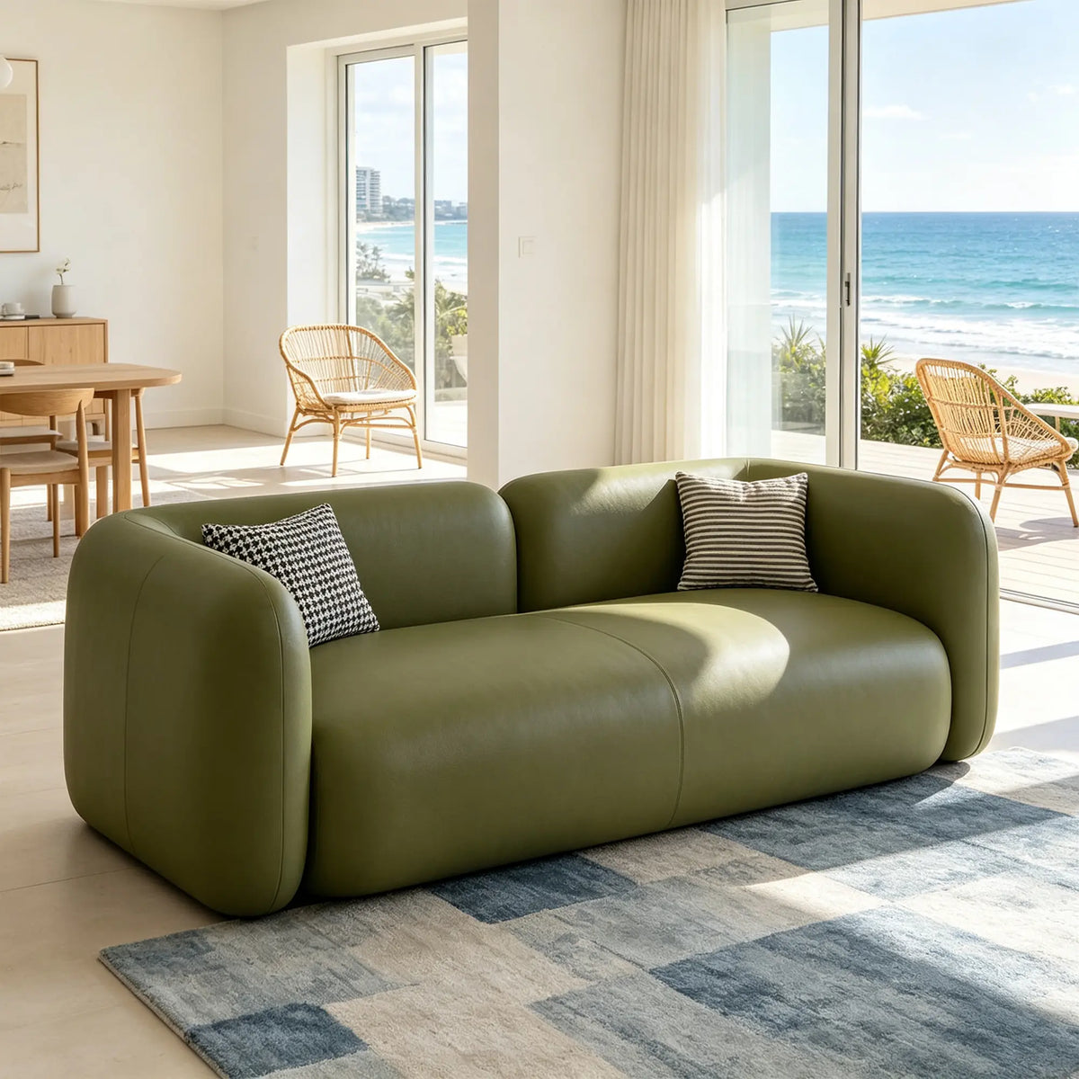 LIVARA Modern Sofa Rounded Design Cat Scratch Resistant Leather High Resilience Cushions for Living Room Apartment Lounge - Green