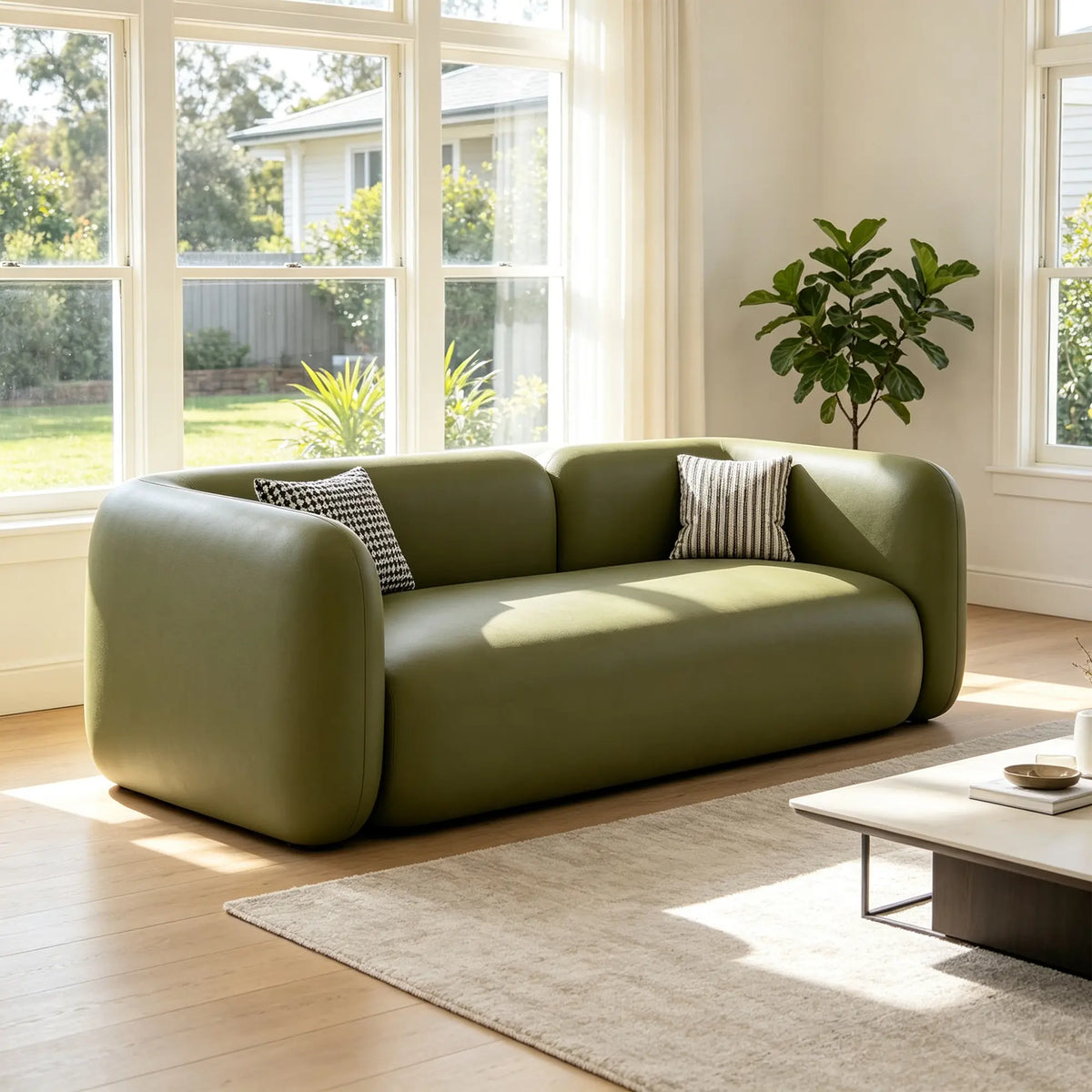 LIVARA Modern Sofa Rounded Design Cat Scratch Resistant Leather High Resilience Cushions for Living Room Apartment Lounge - Green
