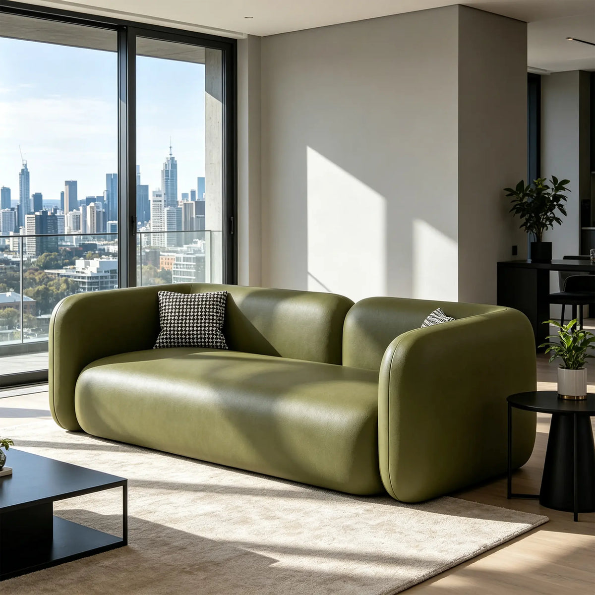 LIVARA Modern Sofa Rounded Design Cat Scratch Resistant Leather High Resilience Cushions for Living Room Apartment Lounge - Green