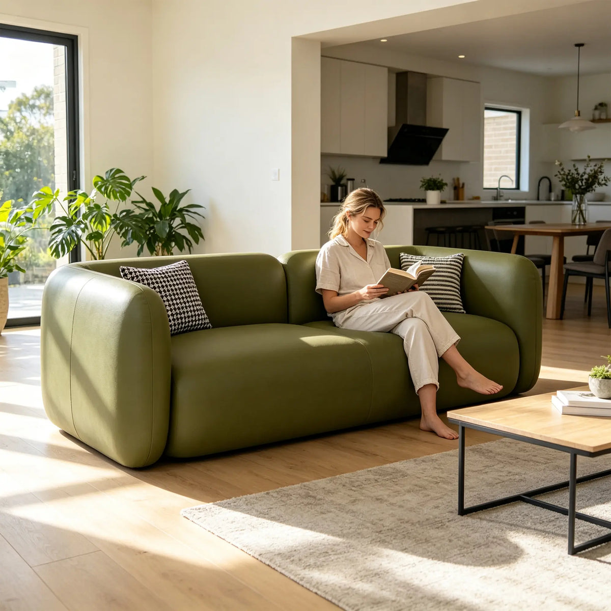 LIVARA Modern Sofa Rounded Design Cat Scratch Resistant Leather High Resilience Cushions for Living Room Apartment Lounge - Green