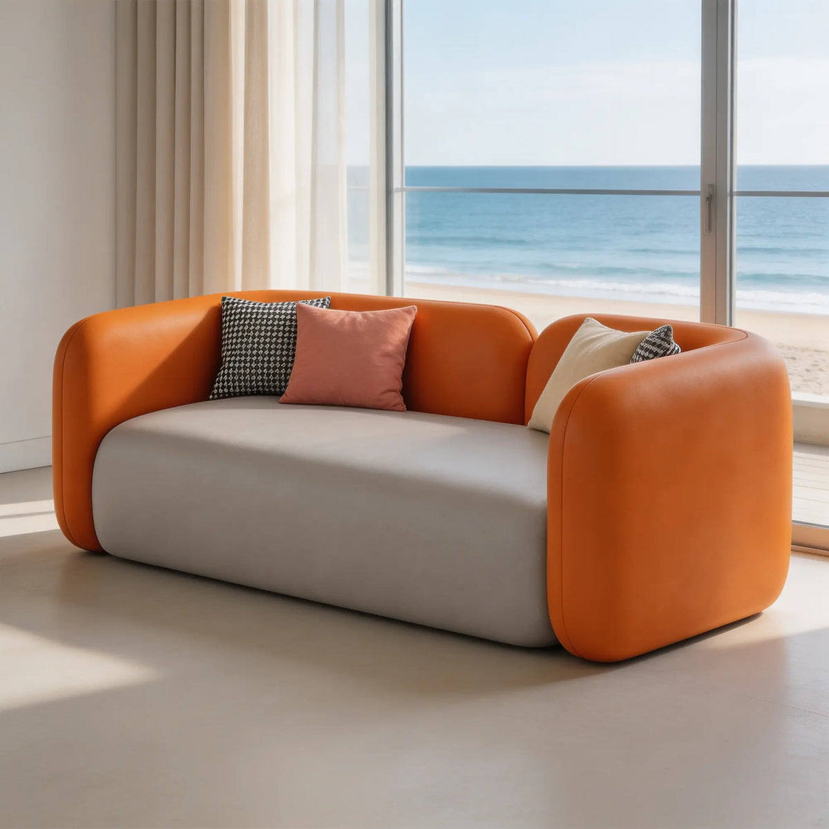 LIVARA Contemporary Sofa Wide Seat Solid Wood Frame Scratch Resistant Upholstery for Small Living Room Bedroom Lounge - Orange & Grey