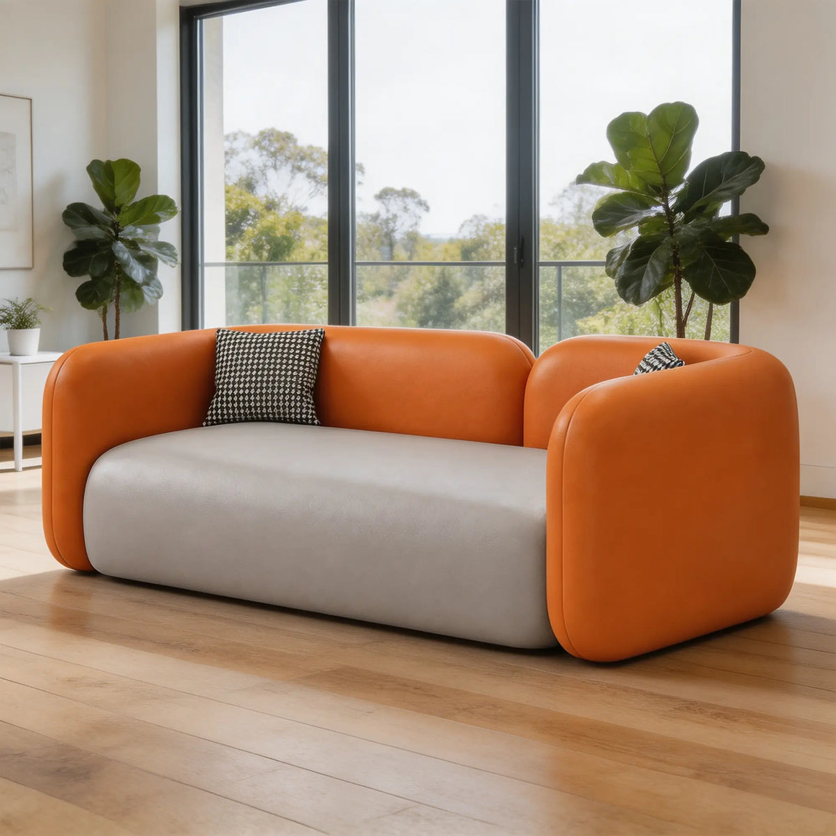 LIVARA Contemporary Sofa Wide Seat Solid Wood Frame Scratch Resistant Upholstery for Small Living Room Bedroom Lounge - Orange & Grey