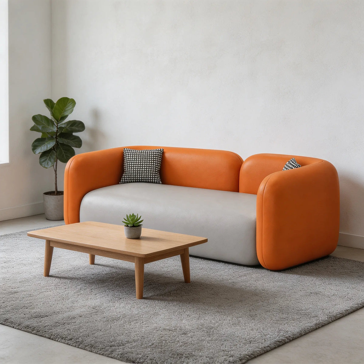 LIVARA Contemporary Sofa Wide Seat Solid Wood Frame Scratch Resistant Upholstery for Small Living Room Bedroom Lounge - Orange & Grey