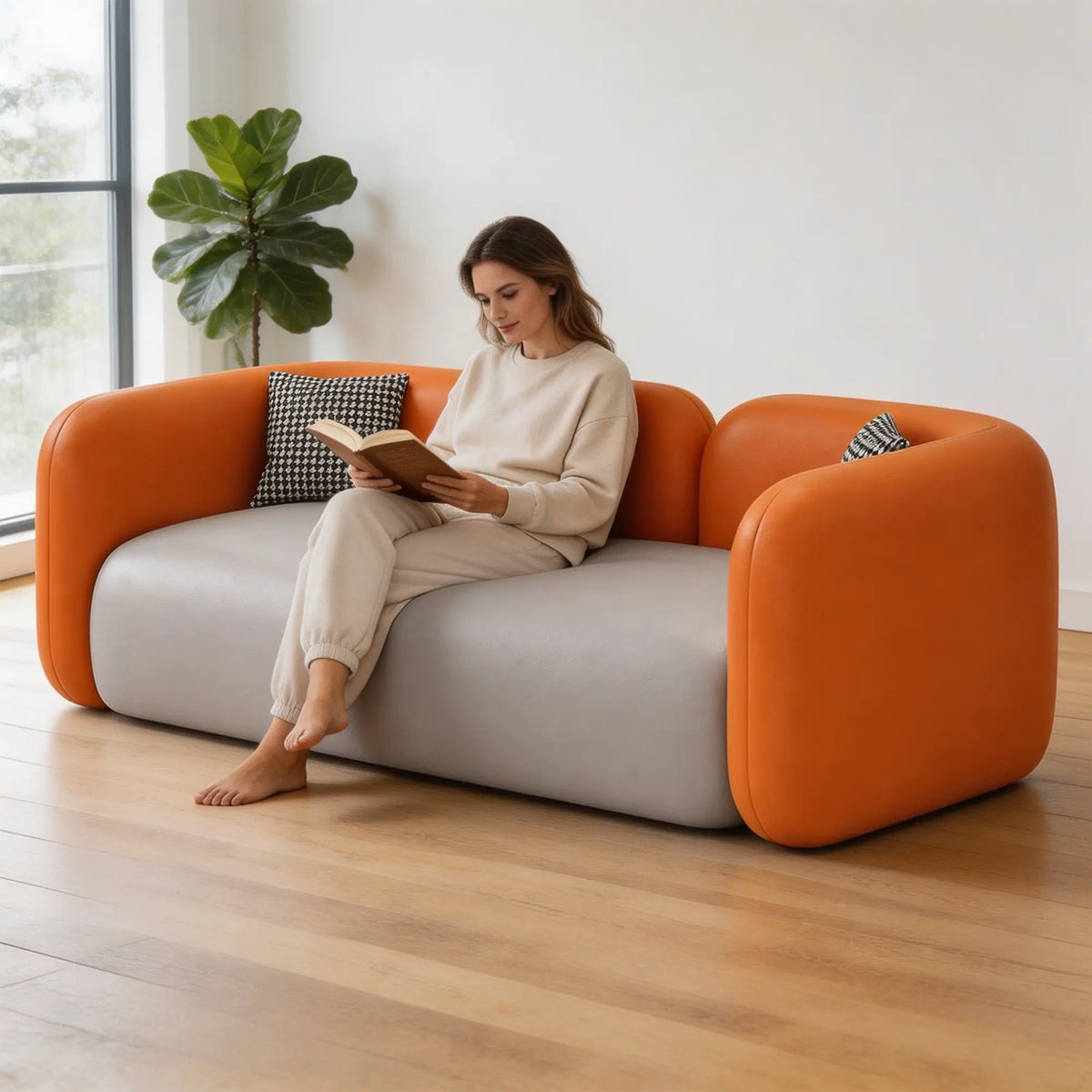 LIVARA Contemporary Sofa Wide Seat Solid Wood Frame Scratch Resistant Upholstery for Small Living Room Bedroom Lounge - Orange & Grey