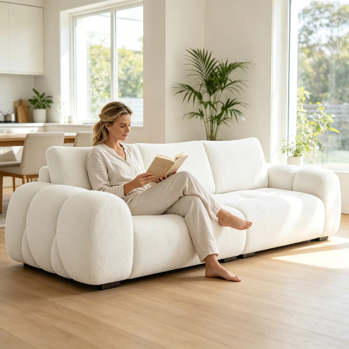 LIVARA Modern Sofa Belgian Chenille Upholstery Cloud-Like Cushions Multi-Layer Seat for Living Room Apartment Lounge - White