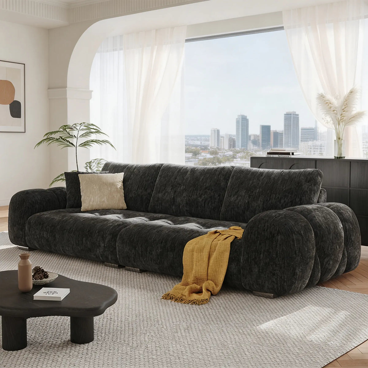 LIVARA Modern Sofa Belgian Chenille Upholstery Cloud-Like Cushions Multi-Layer Seat for Living Room Apartment Lounge - Black