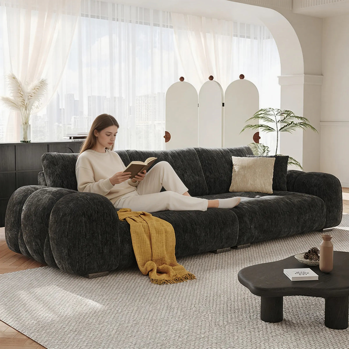 LIVARA Modern Sofa Belgian Chenille Upholstery Cloud-Like Cushions Multi-Layer Seat for Living Room Apartment Lounge - Black