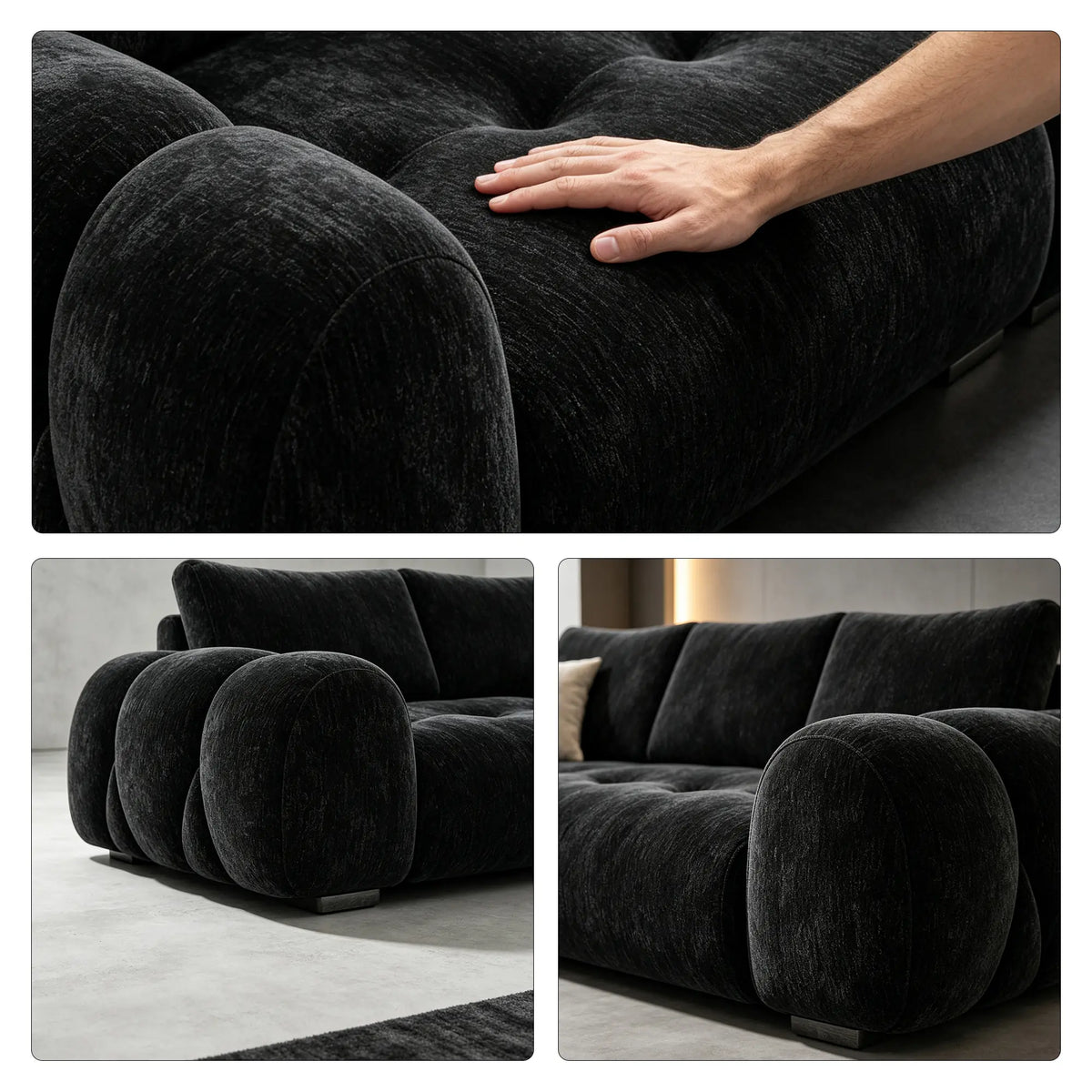 LIVARA Modern Sofa Belgian Chenille Upholstery Cloud-Like Cushions Multi-Layer Seat for Living Room Apartment Lounge - Black