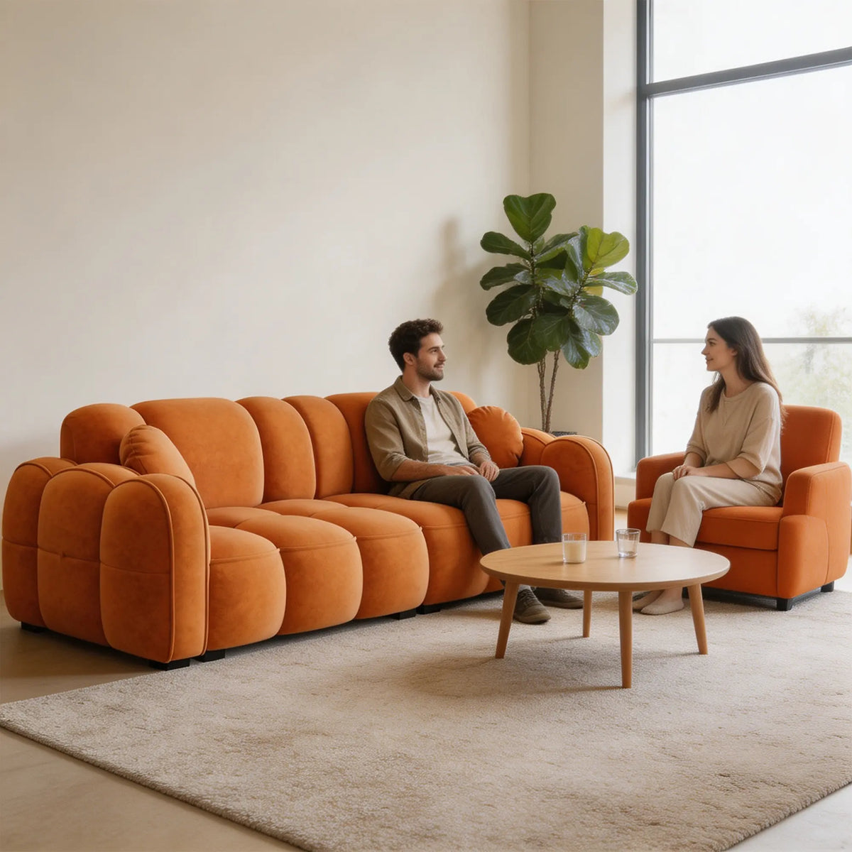 LIVARA Modern Sofa Soft Velvet Upholstery High Resilience Cushions Reinforced Wood Frame for Living Room Apartment Lounge - Orange