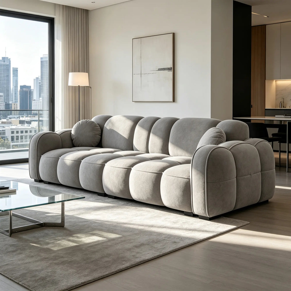 LIVARA Modern Sofa Soft Velvet Upholstery High Resilience Cushions Reinforced Wood Frame for Living Room Apartment Lounge - Light Grey