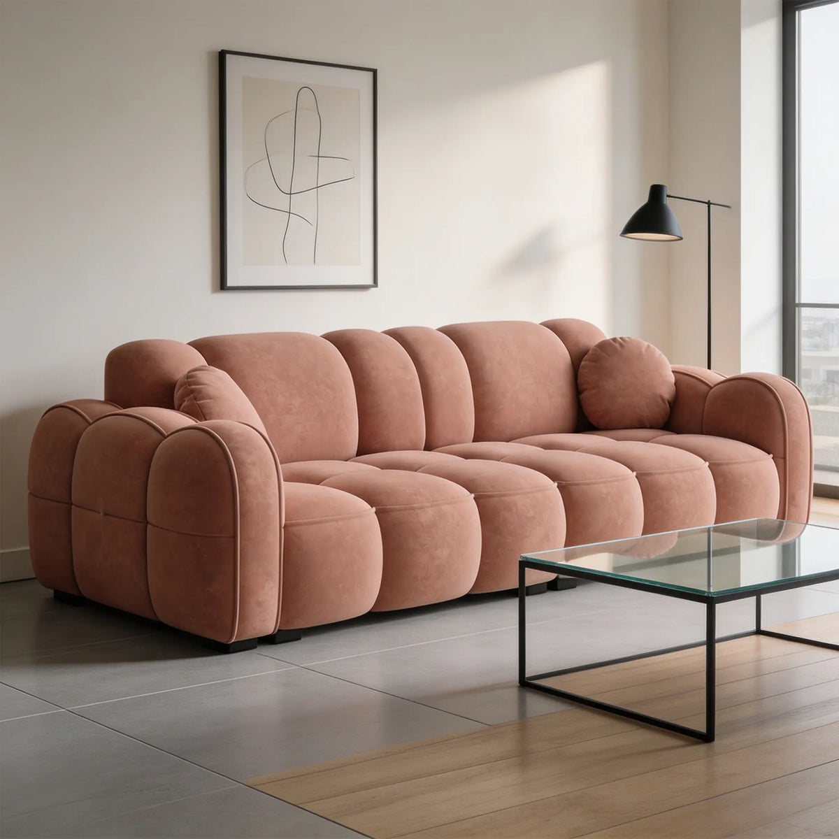 LIVARA Modern Sofa Soft Velvet Upholstery High Resilience Cushions Reinforced Wood Frame for Living Room Apartment Lounge - Pink