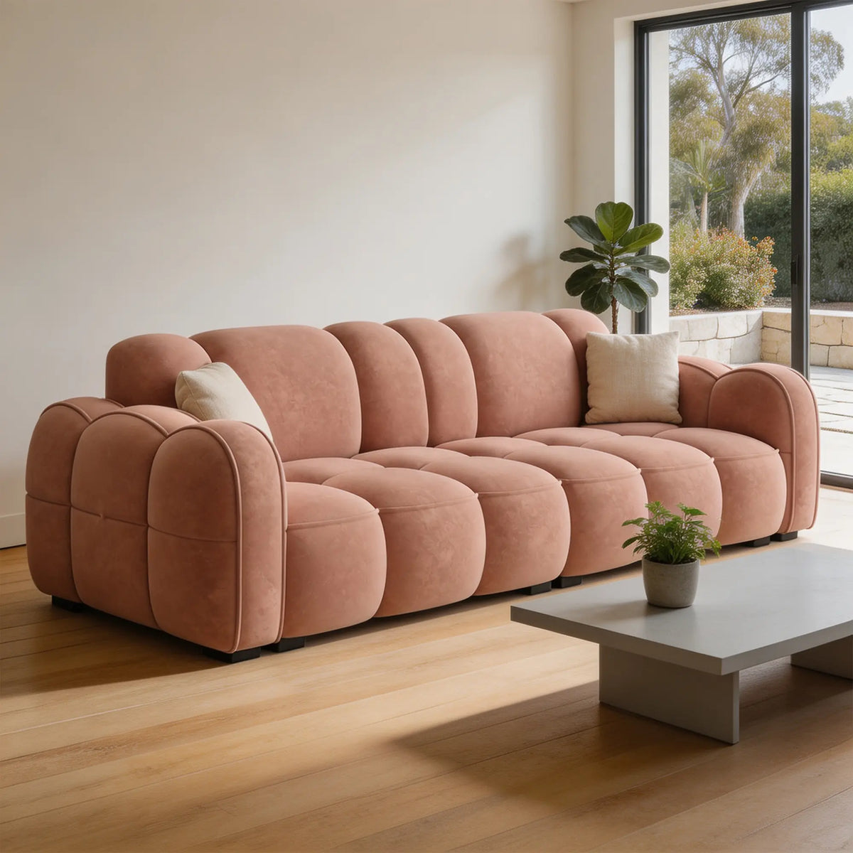 LIVARA Modern Sofa Soft Velvet Upholstery High Resilience Cushions Reinforced Wood Frame for Living Room Apartment Lounge - Pink