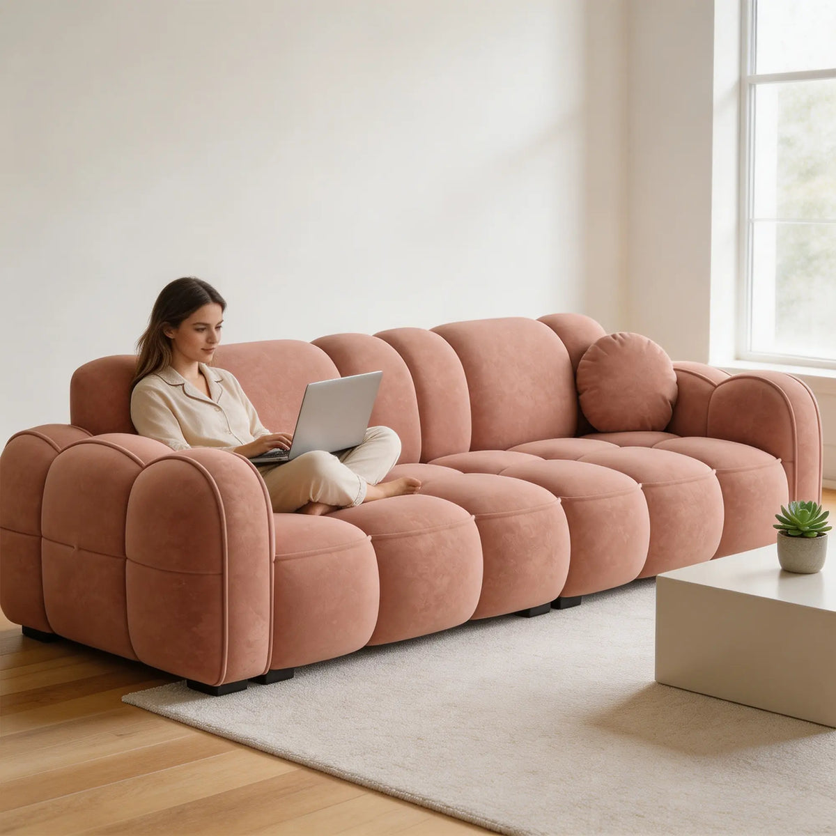 LIVARA Modern Sofa Soft Velvet Upholstery High Resilience Cushions Reinforced Wood Frame for Living Room Apartment Lounge - Pink