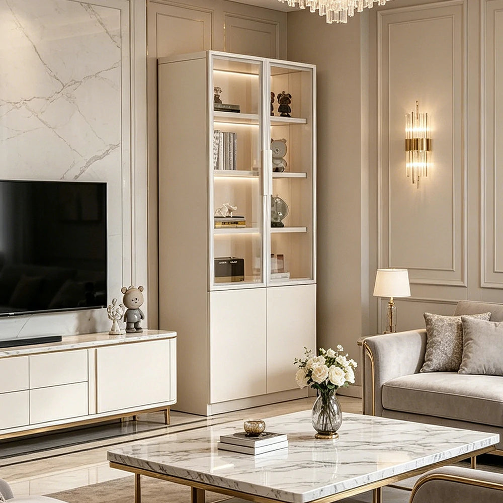 LIVARA Storage Cabinet - Honeycomb Aluminum Frame Glass Door Display Cabinet 60/80cm Living Room Storage - White