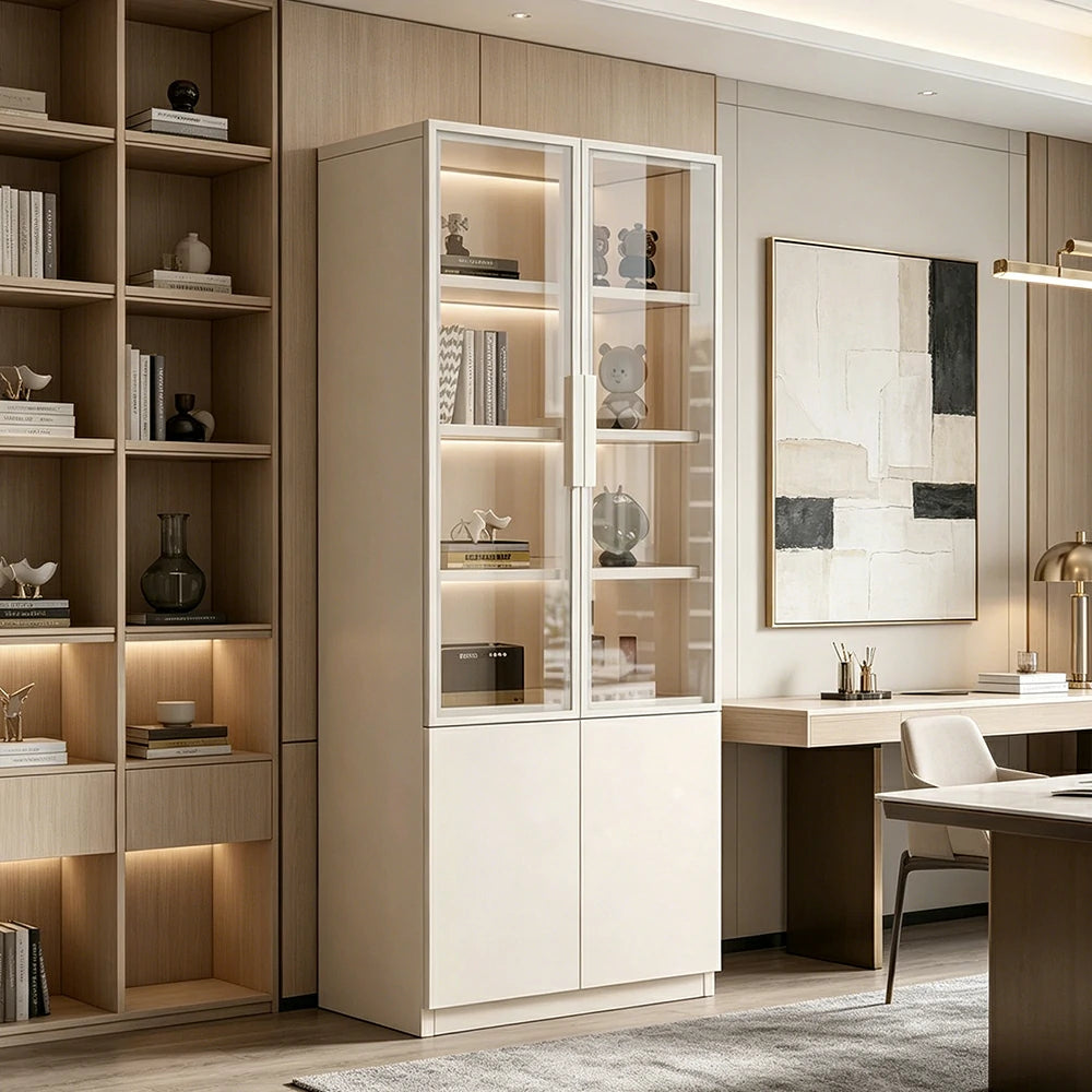 LIVARA Storage Cabinet - Honeycomb Aluminum Frame Glass Door Display Cabinet 60/80cm Living Room Storage - White
