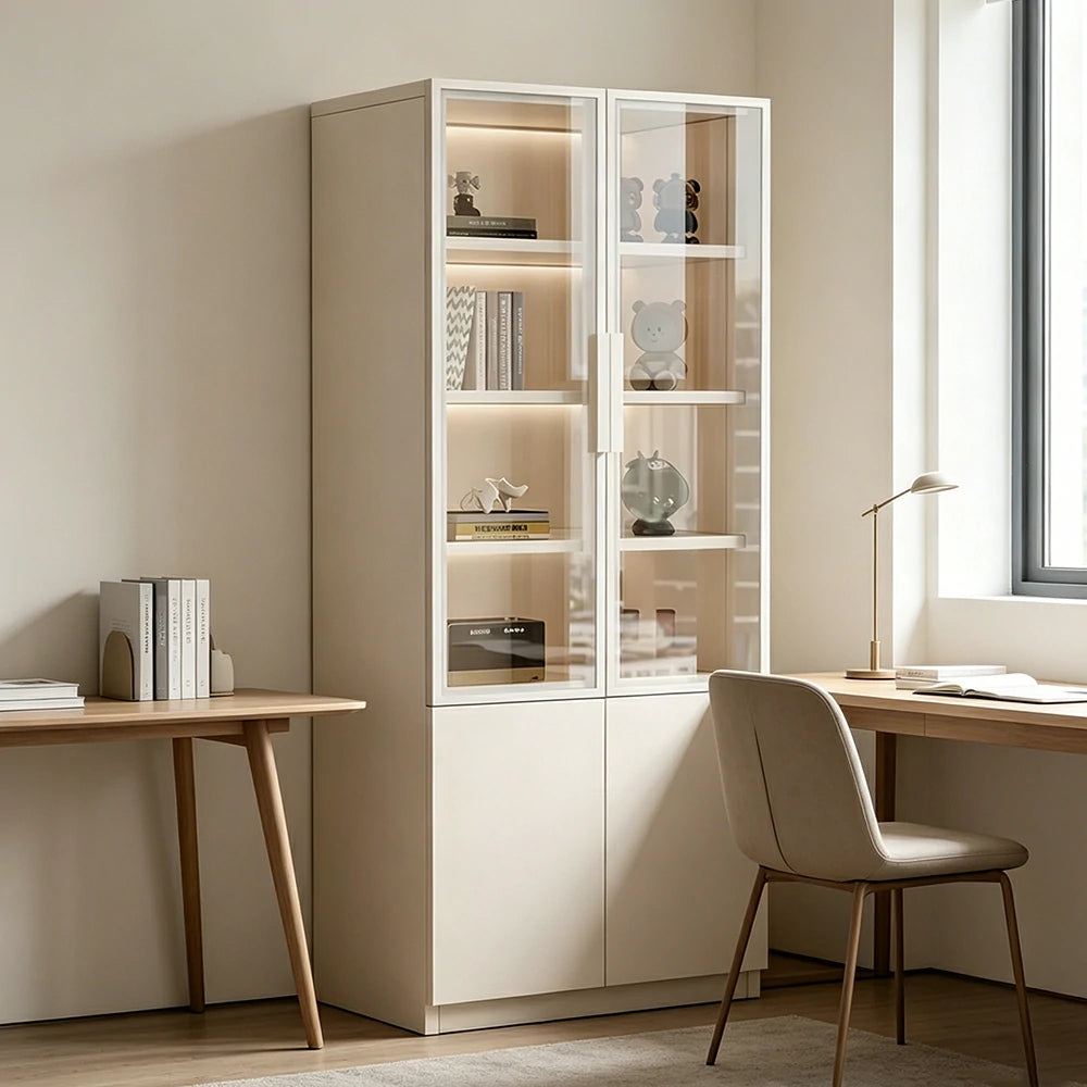 LIVARA Storage Cabinet - Honeycomb Aluminum Frame Glass Door Display Cabinet 60/80cm Living Room Storage - White