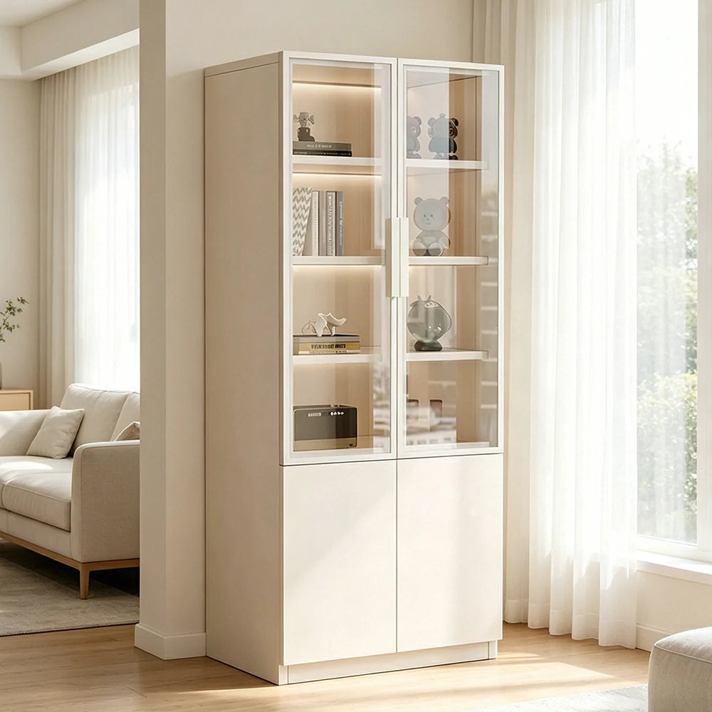 LIVARA Storage Cabinet - Honeycomb Aluminum Frame Glass Door Display Cabinet 60/80cm Living Room Storage - White