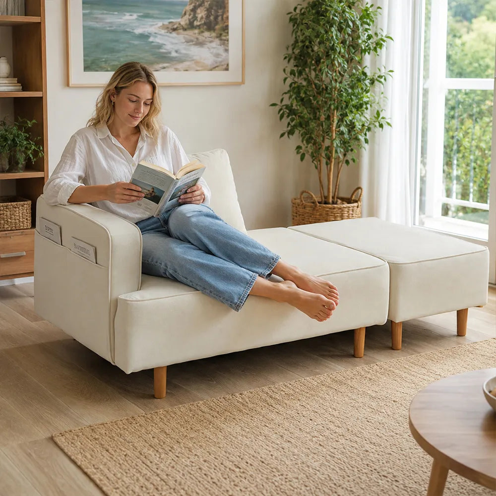 LIVARA Convertible Sofa Bed Modular Design High Resilience Foam Solid Wood Frame 150/170cm for Living Room Bedroom Apartment - White