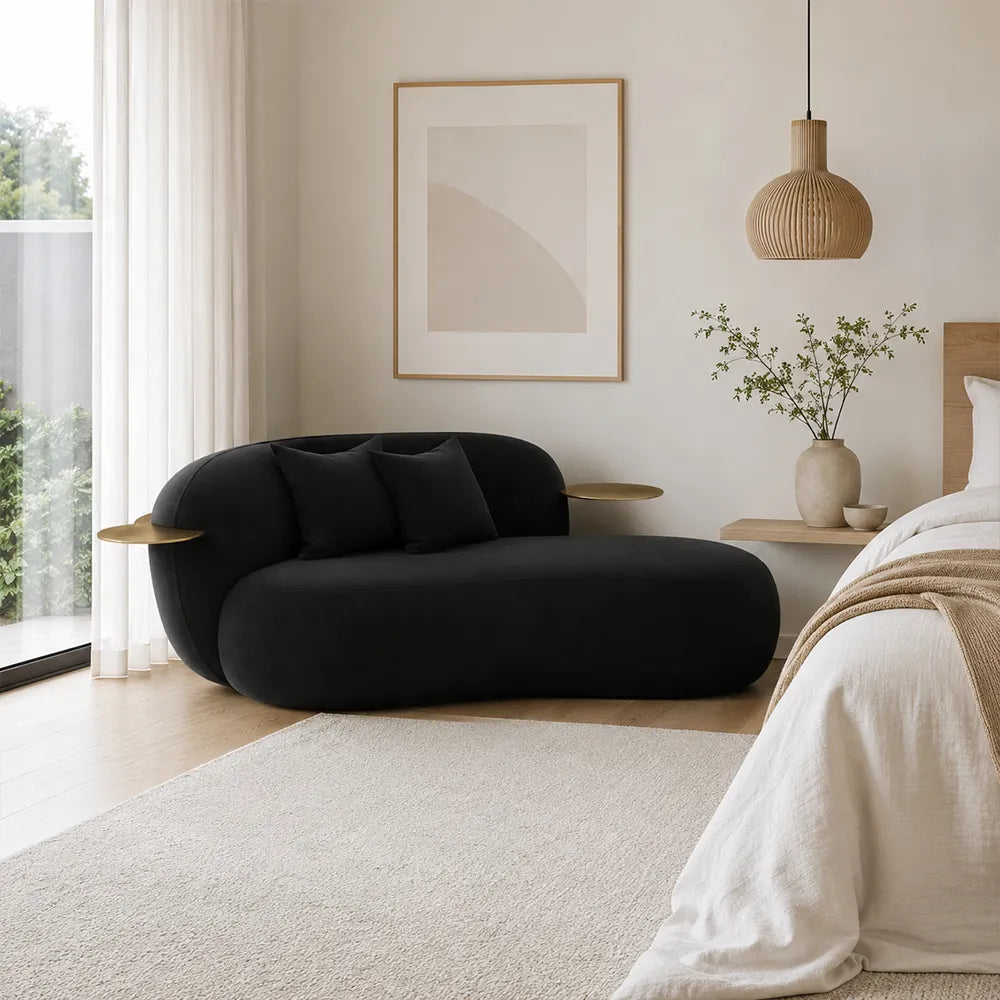 LIVARA Chenille Chaise Sofa High Resilience Foam Solid Pine Frame 170/200cm for Living Room Bedroom Reading Lounge - Black