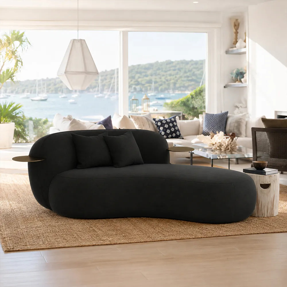 LIVARA Chenille Chaise Sofa High Resilience Foam Solid Pine Frame 170/200cm for Living Room Bedroom Reading Lounge - Black