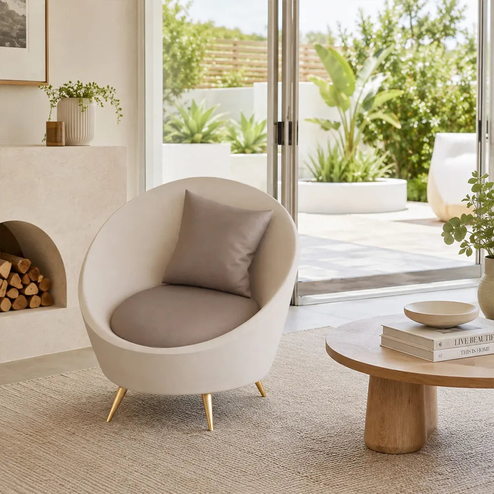 LIVARA Modern Curved Sofa Premium PU Leather High Density Foam Solid Wood Frame for Living Room Apartment Lounge - White & Brown