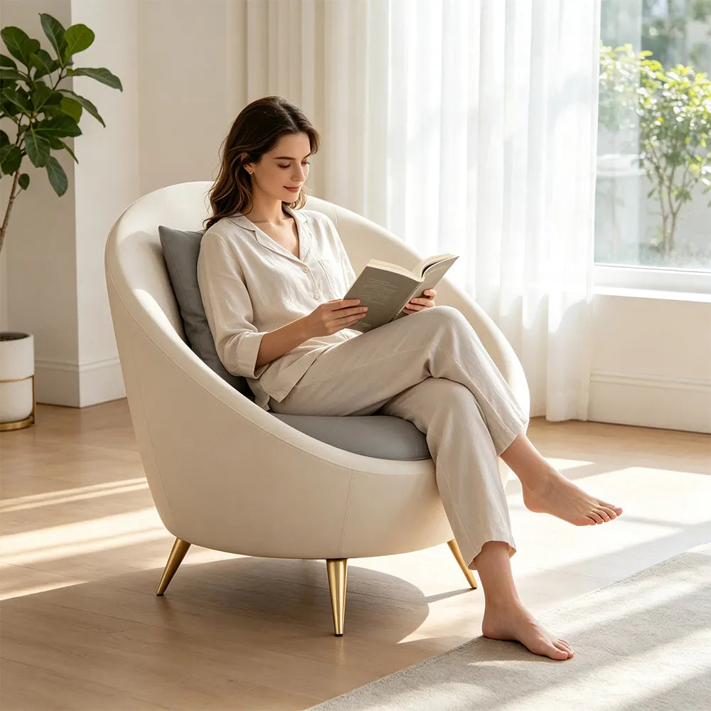 LIVARA Modern Curved Sofa Premium PU Leather High Density Foam Solid Wood Frame for Living Room Apartment Lounge - White & Grey