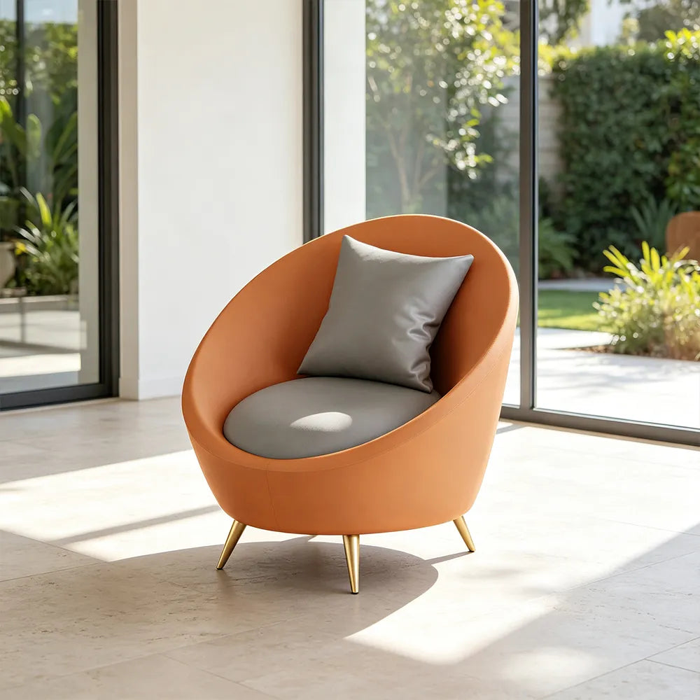 LIVARA Modern Curved Sofa Premium PU Leather High Density Foam Solid Wood Frame for Living Room Apartment Lounge - Grey & Orange