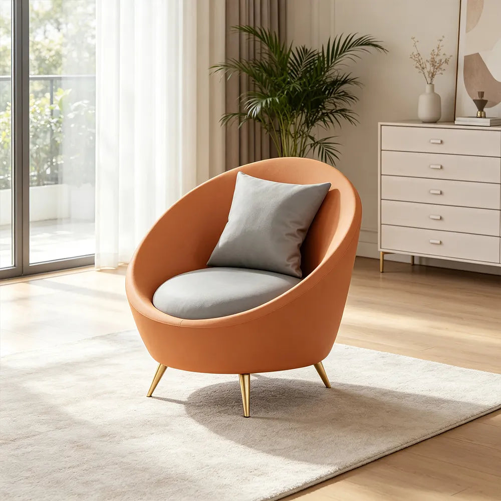 LIVARA Modern Curved Sofa Premium PU Leather High Density Foam Solid Wood Frame for Living Room Apartment Lounge - Grey & Orange