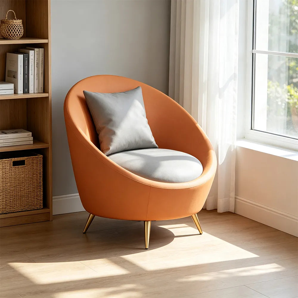 LIVARA Modern Curved Sofa Premium PU Leather High Density Foam Solid Wood Frame for Living Room Apartment Lounge - Grey & Orange