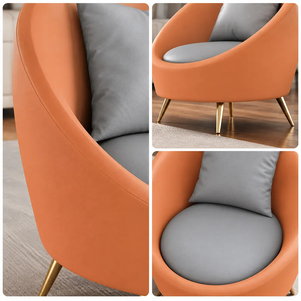 LIVARA Modern Curved Sofa Premium PU Leather High Density Foam Solid Wood Frame for Living Room Apartment Lounge - Grey & Orange
