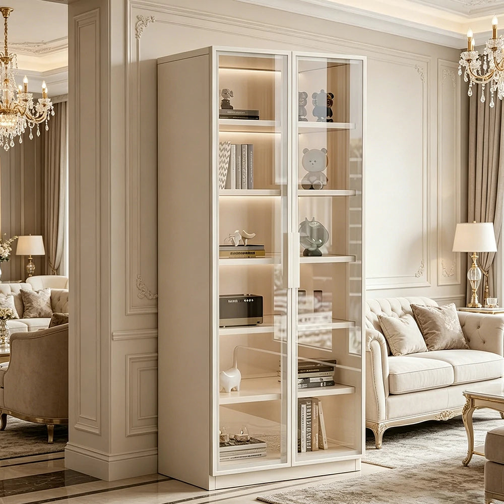LIVARA Storage Cabinet - Honeycomb Aluminum Frame Full Glass Door Display Cabinet 60/80cm Living Room Storage - White