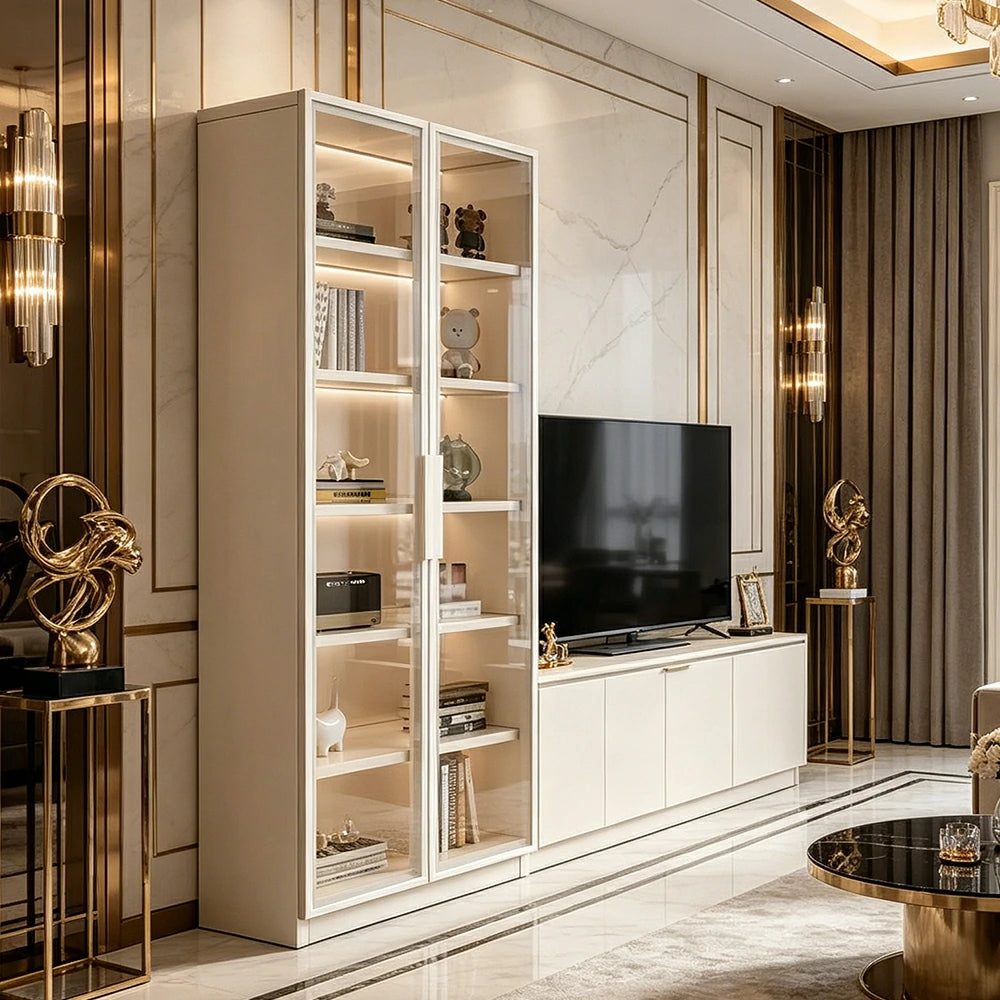 LIVARA Storage Cabinet - Honeycomb Aluminum Frame Full Glass Door Display Cabinet 60/80cm Living Room Storage - White