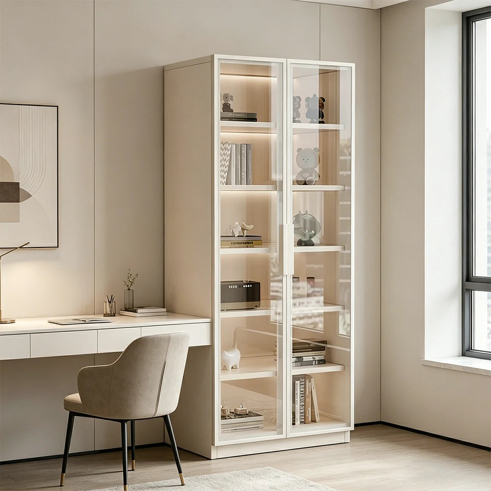 LIVARA Storage Cabinet - Honeycomb Aluminum Frame Full Glass Door Display Cabinet 60/80cm Living Room Storage - White