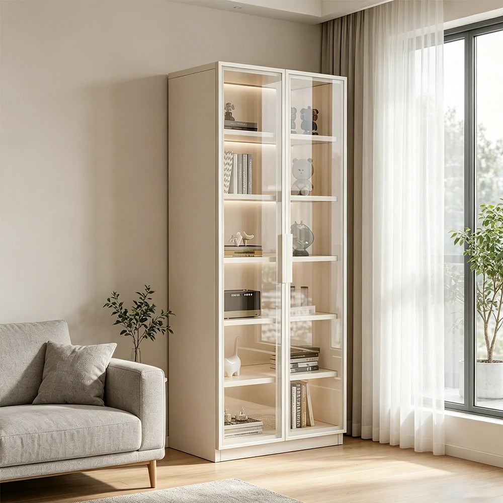 LIVARA Storage Cabinet - Honeycomb Aluminum Frame Full Glass Door Display Cabinet 60/80cm Living Room Storage - White
