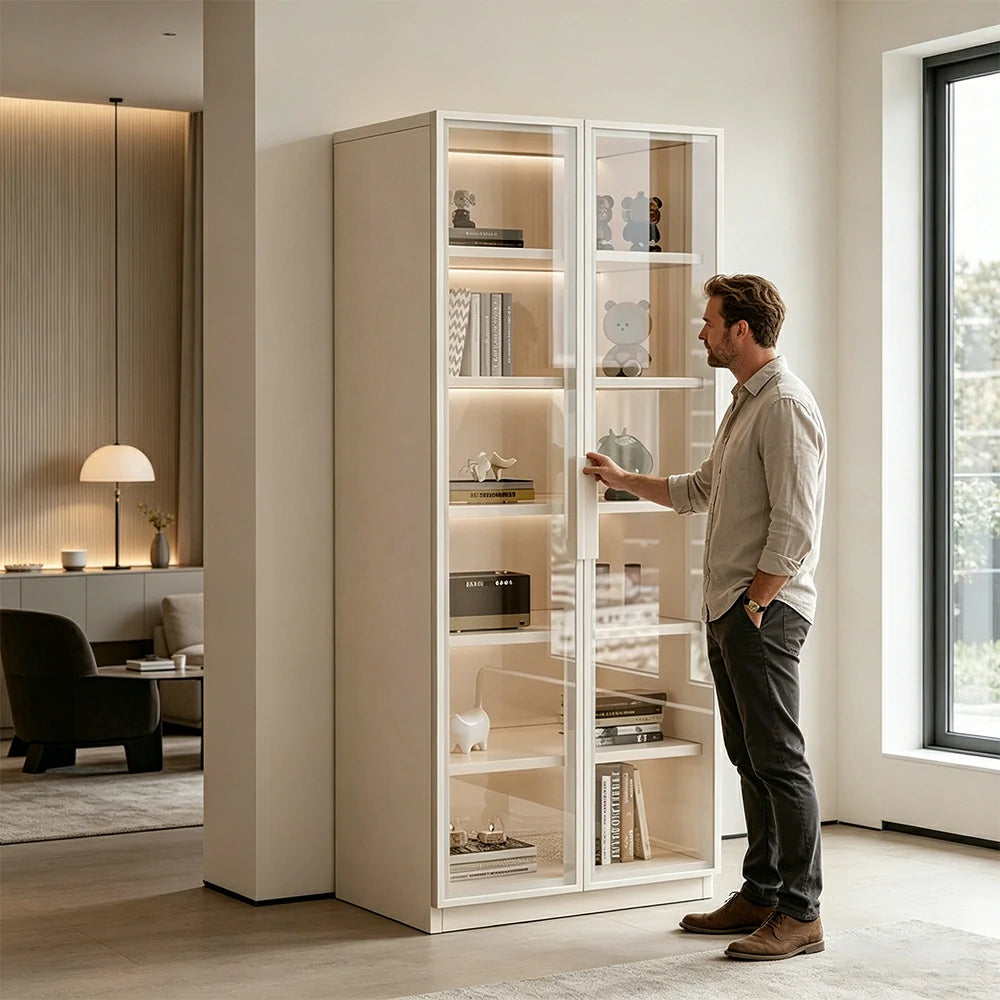 LIVARA Storage Cabinet - Honeycomb Aluminum Frame Full Glass Door Display Cabinet 60/80cm Living Room Storage - White