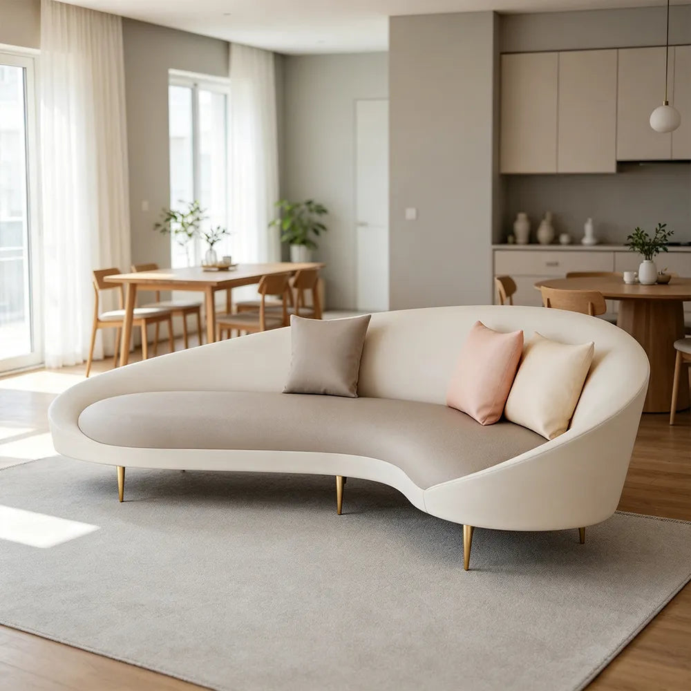 LIVARA Modern Curved Sofa Premium PU Leather High Density Foam Solid Wood Frame for Living Room Apartment Lounge - White & Brown