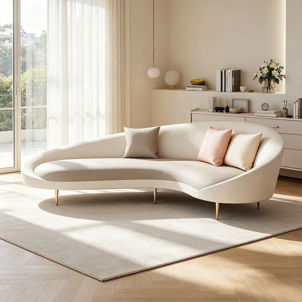 LIVARA Modern Curved Sofa Premium PU Leather High Density Foam Solid Wood Frame for Living Room Apartment Lounge - White & Brown