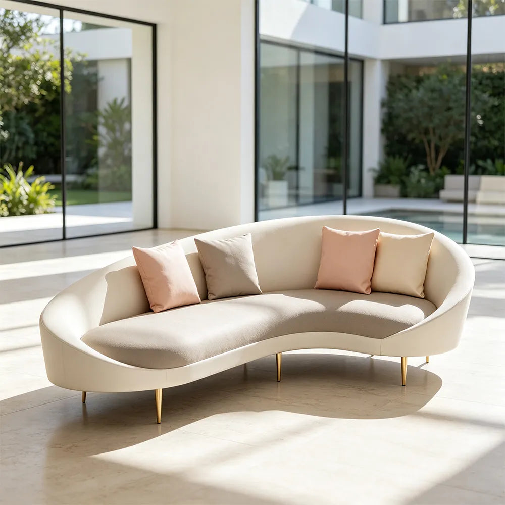 LIVARA Modern Curved Sofa Premium PU Leather High Density Foam Solid Wood Frame for Living Room Apartment Lounge - White & Brown