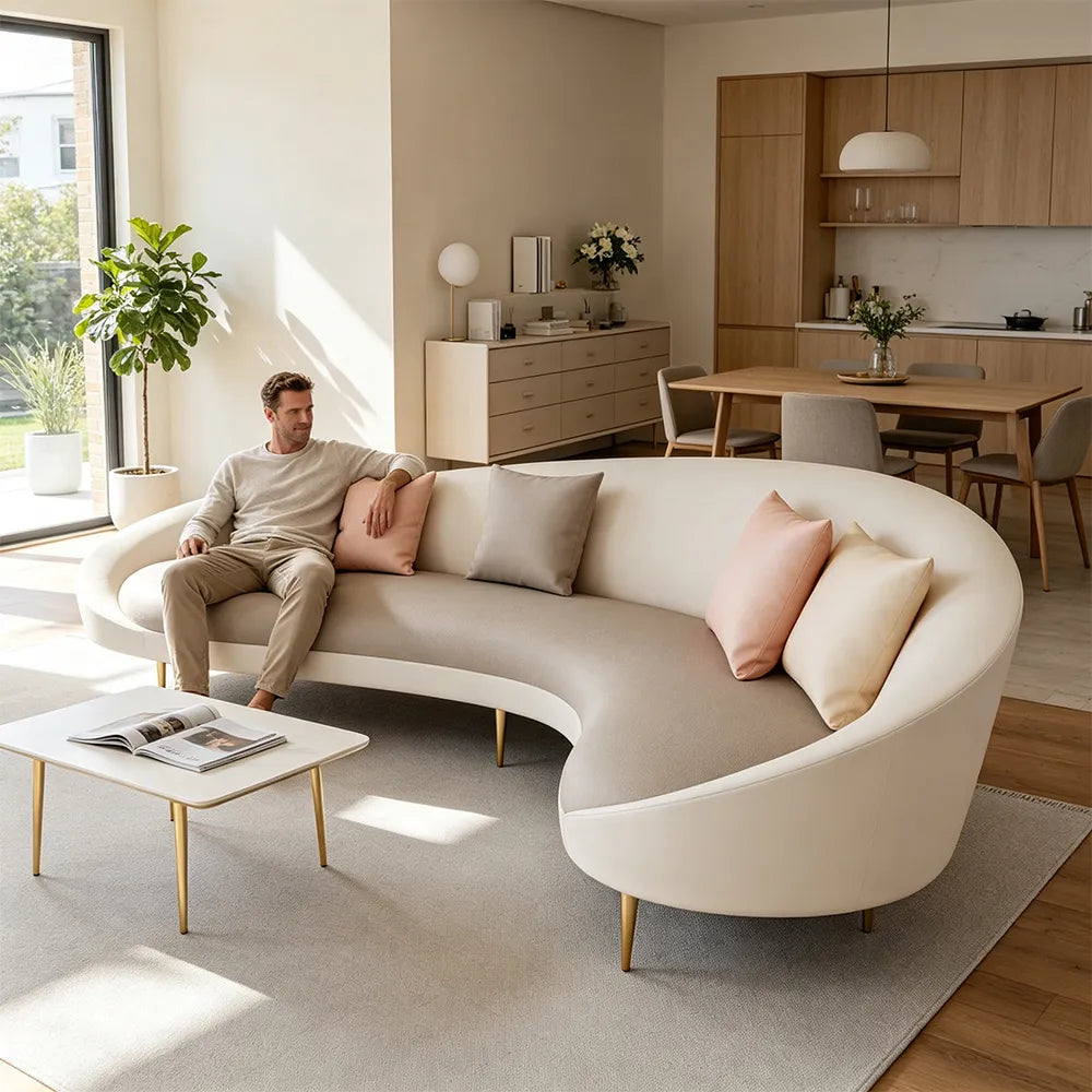 LIVARA Modern Curved Sofa Premium PU Leather High Density Foam Solid Wood Frame for Living Room Apartment Lounge - White & Brown