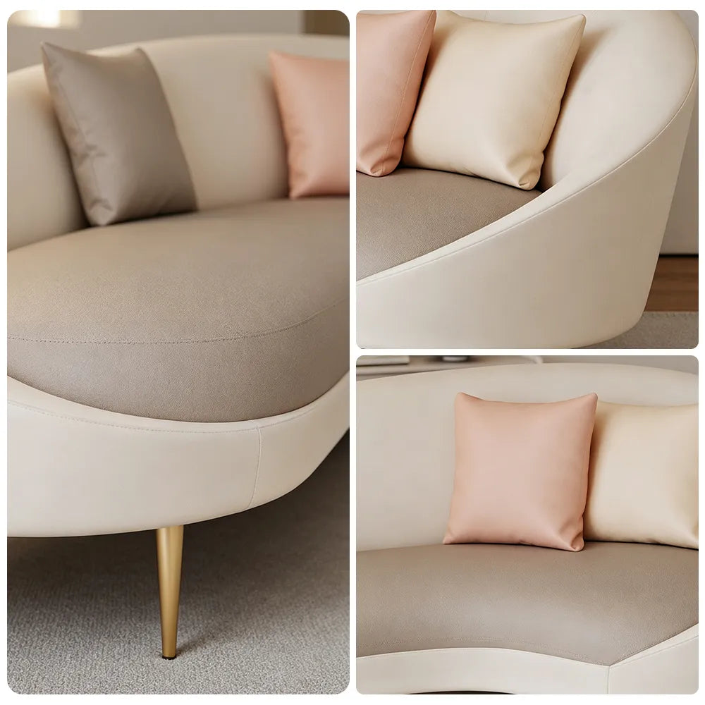 LIVARA Modern Curved Sofa Premium PU Leather High Density Foam Solid Wood Frame for Living Room Apartment Lounge - White & Brown