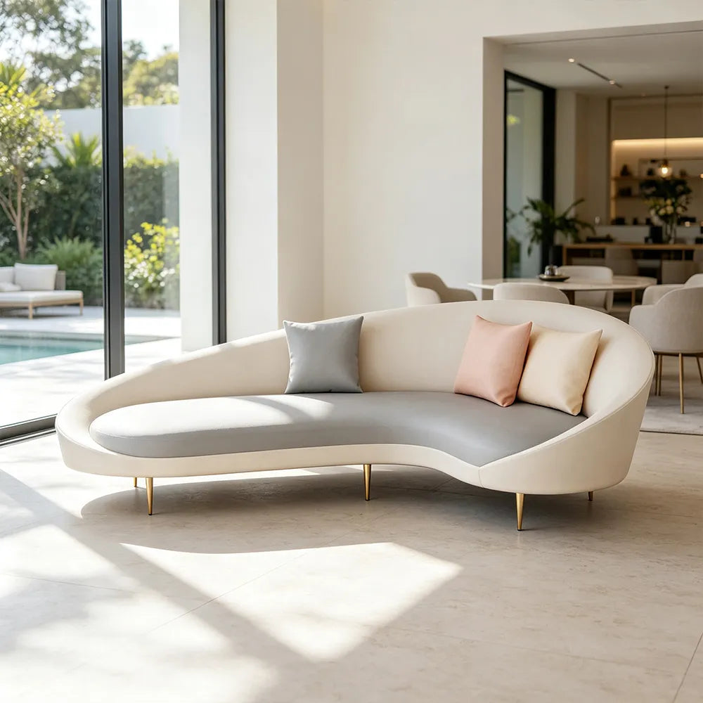 LIVARA Modern Curved Sofa Premium PU Leather High Density Foam Solid Wood Frame for Living Room Apartment Lounge - White & Grey